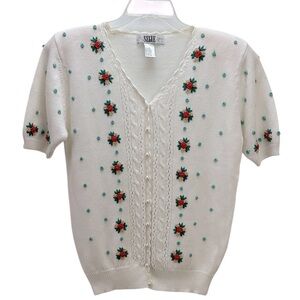 Vtg Segue‎ Embroidered Floral Short Sleeve Button Knit Sweater M White Romantic